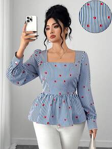 SHEIN Elenzya Plus Size Women's Square Collar Blue & White Striped Red Heart Print Waist Cinched A-Line Long Sleeve Shirt,Elegant Autumn Everyday Commuting Style - Blue - View 1