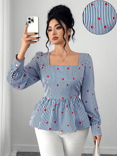 SHEIN Elenzya Plus Size Women's Square Collar Blue & White Striped Red Heart Print Waist Cinched A-Line Long Sleeve Shirt, Flattering Elegant Style Suitable For Commuting And Travel
