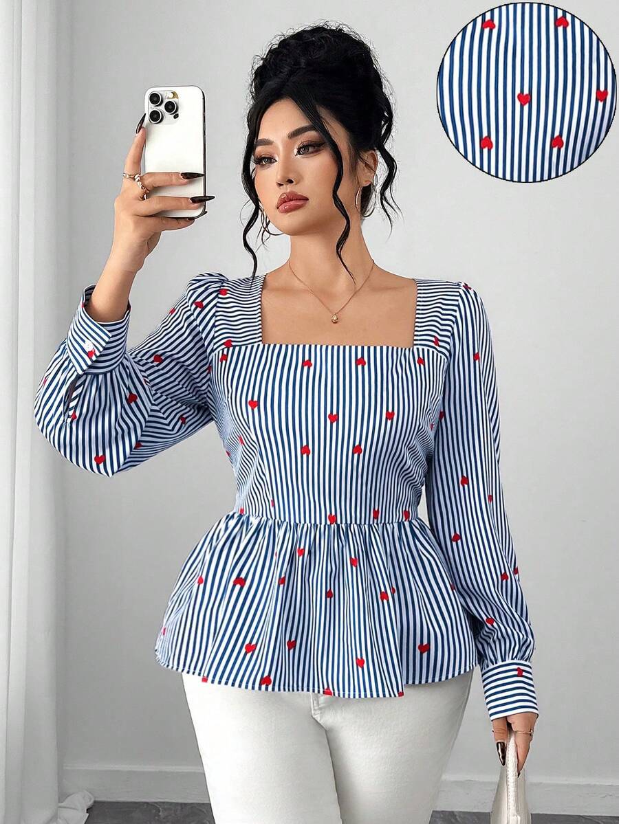SHEIN Elenzya Plus Size Women's Square Collar Blue & White Striped Red Heart Print Waist Cinched A-Line Long Sleeve Shirt,Elegant Autumn Everyday Commuting Style - Blue - View 1