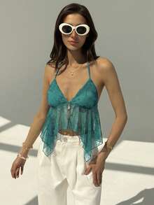 Aloruh Nueva blusa corta con estampado floral tropical naranja, de escote profundo en V y espalda descubierta, adecuada para salir, la playa y vacaciones - Verde Oscuro - Ver 4