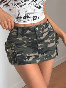 SHEIN Tall Summer Tall Women's Camouflage Print Multi-Pocket Casual Sexy Summer Outfits For Women Denim Skirt - Army Green - View 3