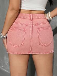SHEIN PETITE 女士休闲日常通勤时尚街头紧身包臀迷你牛仔裙，夏季 - 淺粉色 - 查看 2