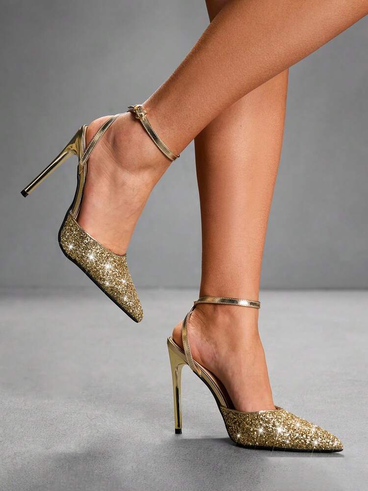CUCCOO SZL Women Shoes Pointed Thin High Heel Gold Glitter Ankle Strap Slingback Women's Shoes Simple Elegant Fashion Sexy Party Banquet Night Club Women's High Heel Shoes Women's Shoes Spring Shoes