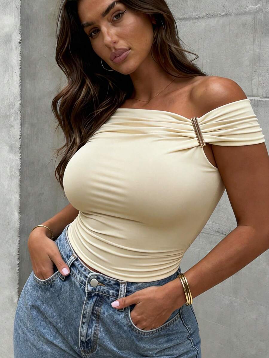 INAWLY Blusa de hombros para mujer talla grande con decoración metálica, estilo francés, para verano - Beis - Ver 1