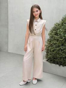 Firerie Kids Tween Girls Apricot Waist Cinched Set, Polo Collar Shirt, Vest And Loose Pants 2 Pieces Casual Outfit, Versatile For Daily Wear, Commuting, Photoshoot - Apricot - View 4