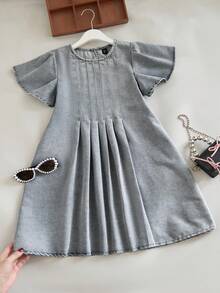 Retro tvättad denimklänning för flickor, volangärm, veckad design, lämplig för sommarresor, fest, bohemisk semesteroutfit - Blå - Visa 1