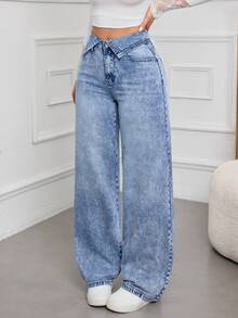 SHEIN Tall Summer Women's Casual Commuter Style With A Fashionable Fold-Over Waistband Design Loose Fit Distressed Denim Jeans - Medium Wash - View 3