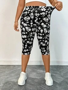 SHEIN Essnce 大码女式打底裤、七分裤、三件套、夏季打底裤、印花打底裤、黑色打底裤 - 棕色 - 查看 6