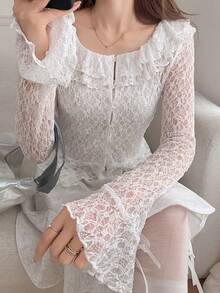 FRIFUL 女士纯白色薄纱蕾丝面料层叠荷叶边领修身衬衫，百搭 - 白色 - 查看 6