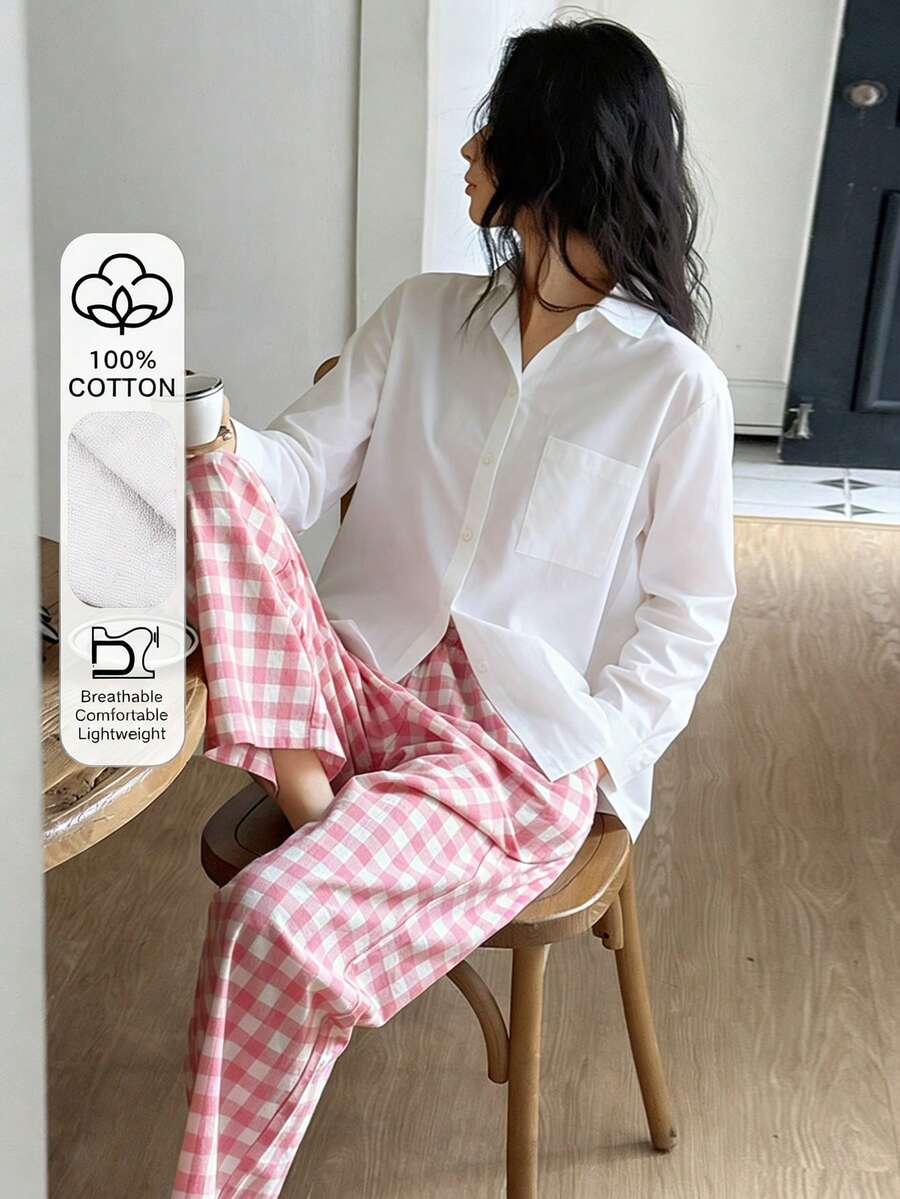 DAZY 纯色宽松上衣和格子睡裤女士睡衣套装 - 白色 - 查看 1