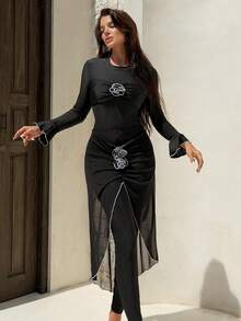 Swim Mulvari Bộ đồ bơi Burkini hoa văn thủ công màu đen trắng thanh lịch dành cho nữ, thời trang, tôn dáng, che phủ toàn thân, gồm 3 món, thích hợp cho kỳ nghỉ/mùa hè, phù hợp cho nữ đi nghỉ mát/mùa hè. - màu đen - Xem 4