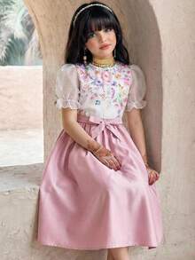 Tween Girl Casual Vacation Elegant Floral Print Puff Sleeve Shirt And Pleated Bowknot Waist Skirt Set, Pink - Pink - View 6
