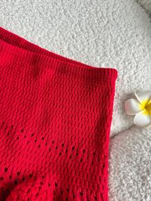 Elamini Women's Red Skirt, Fashion Summer Beach , Low Waist Hollow Out Ruffled Hem Mini Skirt, Versatile Sweet Vacation Style - Red - View 3