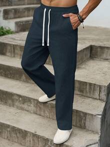 Manfinity RSRT Men's Cotton Linen Wrinkled Loose Fit Pants - Navy Blue - View 3