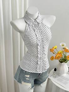 Elamini Women's Polka Dot Sleeveless Shirt Collar Frill Trim Cropped Blouse - Black and White - View 1