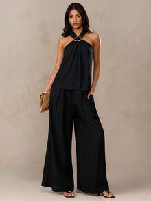 SHEIN BAE 黑色亚麻质感褶皱金属装饰吊带上衣搭配松紧腰阔腿裤套装，适合夏季、度假、意大利之旅、法国南部之旅，优雅套装，裤装 - 黑色 - 查看 5