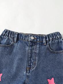 SHEIN ChillGRL Girls' New Fashion Sweet Heart Embroidery Straight Leg Loose Fit Jeans - Medium Wash - View 4