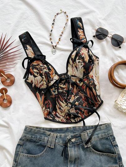 Soleia Women's Fashion French Print Lace-Up Shapewear Corset