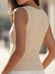 Balvessa Knitted V-Neck Criss-Cross Ruched Sleeveless Cropped Fitted Women Top - Khaki - View 2