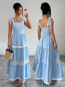 Elenzga Đầm nữ màu xanh dương và trắng phối họa tiết hoa, kiểu dáng mới cho kỳ nghỉ Xuân/Hè 2026. - Màu xanh nhạt - Xem 1
