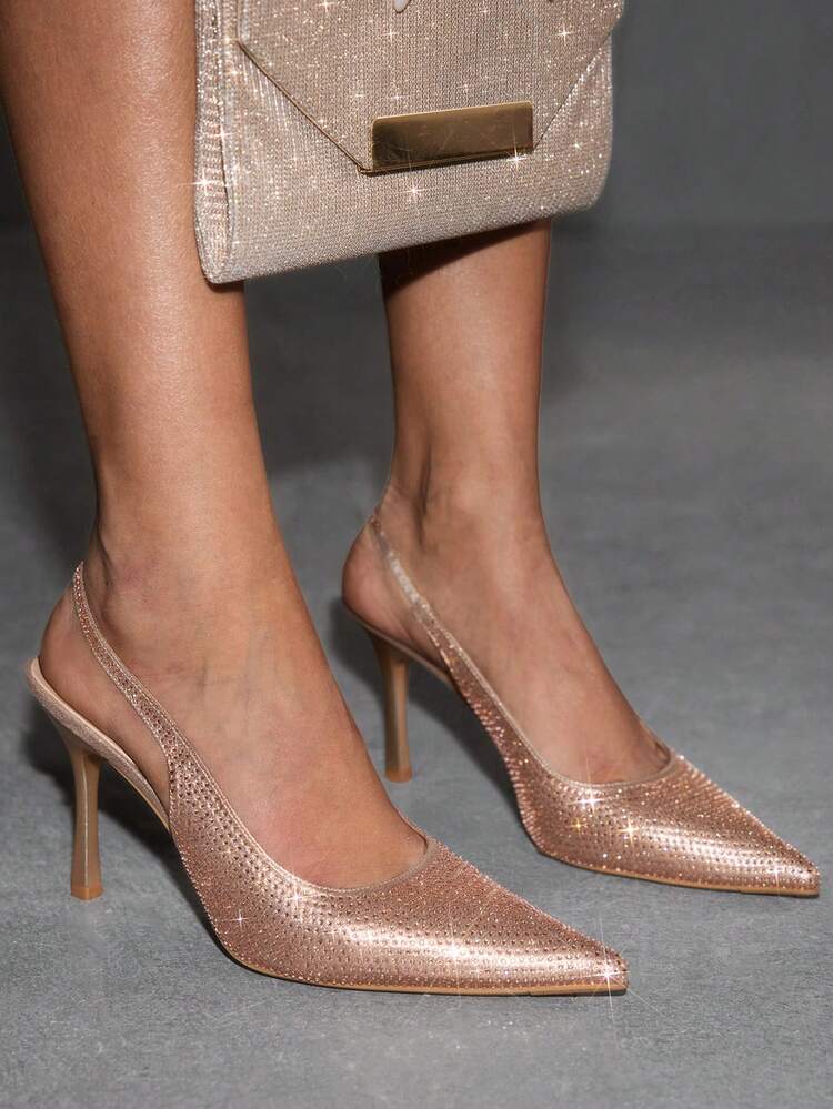 CUCCOO SZL Sexy Fashion Pointed Toe Rhinestone Champagne High Heel Pumps, Backless Party Dress Shoes For Women Valentine's Day Spring Shoes