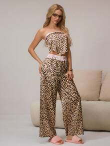 HautHeat Women's Leopard Print Lace-Up Backless Camisole And Pants Pajama Set - Khaki - View 4