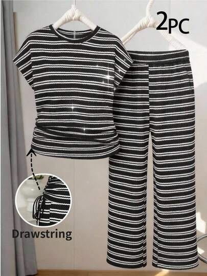 SHEIN LUNE Plus-Size 2pcs, Round Neck Striped T-Shirt & Striped Wide-Leg Trousers, Elegant And Casual Set, Casual Sportswear Set, Loose And Comfortable Two-Piece Set, Drawstring Hem, High-Elastic Fabric.Casual And Simple Striped Plus-Size Two-Piece Set Is Perfect For Summer Outings, And Can Also Be Worn As A Teacher'S Uniform.Top With Drawstring Hem, Round Neck And Batwing Sleeve Casual Top & High-Waisted Wide-Leg Trousers,Elegant Sets For Party ,Casual Sets For Women,Casual Outfit For Women 2 Piece Casual Sets Woman 2pc Sets For Women Striped Set Black And White Jumpsuit For Women Casual Jumpsuits For Woman 2 Piece Set For Women Casual 2 Piece Set Striped Pants Set Drawstring Top And Pants Set, Summer Outfits
