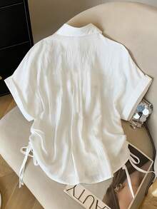 Franclia 彩色纽扣抽绳设计休闲短袖女式衬衫，通勤百搭 - 白色 - 查看 2