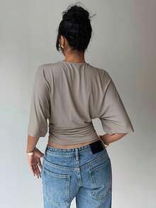 Aloruh Casual Solid Color Batwing Sleeve Ruched Waist T-Shirt, Summer - Light Grey - View 2