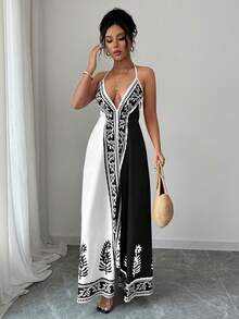 Rafferiza 女士碎花深V领连衣裙 - 黑與白 - 查看 6