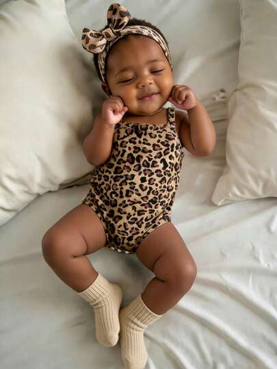 一件适合新生女婴的休闲、时尚、简约、经典的豹纹连体衣；柔软舒适的日常连体衣，适合新生儿夏季穿着；夏季服装。
