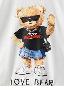 2pcs/Set Tween Girls Casual Fashion Outfit, White Loose Cute Bear Print T-Shirt And Black Skinny Bike Shorts - Black and White - View 3