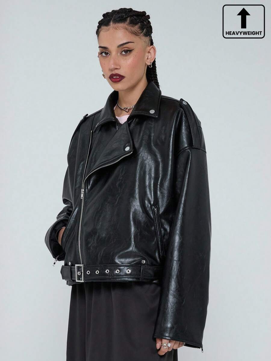 COUREZ Chaqueta de motociclista de piel sintética oversize, chaqueta negra de otoño-invierno Y2K para Año Nuevo - Negro - Ver 1