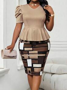 SHEIN Lady 春夏秋冬优雅派对婚礼鸡尾酒会圣诞节彩色紫色V领主教袖加大码套装 - 卡其色 - 查看 4