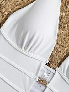 Swim Basics Springbreak Women Backless Deep V-Neck Sexy Halter High Cut Hollow Out One-Piece Swimsuit, Festival Boho - White - View 4