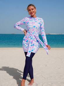 Swim Shayni Tie-Dye Strap Round Neck Long Sleeve Asymmetrical Print Women's Burkini Two Pieces Set - Multicolor - View 1