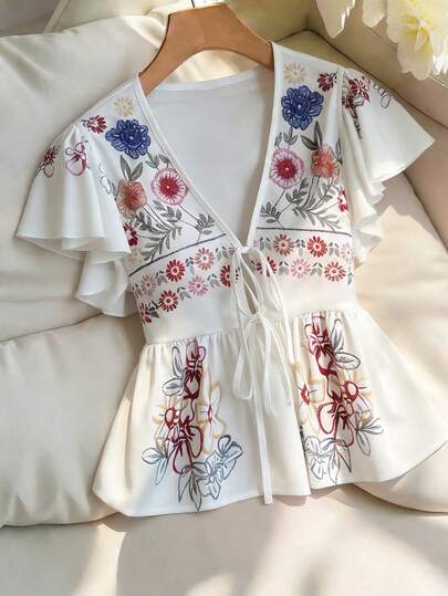 Pariaura Versatile Casual Elegant Classic Fashionable Vacation Style Charming Urban Business Office Commute Sexy Valentine's Day Date Party Beach Plunging V-Neck Bowknot Short Sleeve Digital Placement Print Women Blouse Boho Summer Tops Bohemian Top Boho Blouses Women Summer Blouse Top Summer Casual Tops