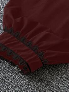 DreamSkyne Plus Size Women's Autumn Elegant Black Lace Tea Party Blouse,Contrast Color Ruffle Front Button Lantern Sleeve Tops For Teens,New Arrival Latest Tops - Burgundy - View 5