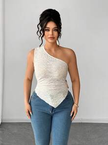 Elenzga Blusa de mujer talla grande de verano, nueva, de punto blanco con textura, fruncida y asimétrica de un solo hombro, de moda y sexy. Adecuada para: uso diario, vacaciones, fiestas, reuniones - Blanco - Ver 3