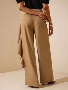 Vesra Women's Elegant Solid Color Ruffle Hem Wide Leg Pants - Khaki - View 2
