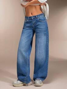 SHEIN Quần jean ống rộng túi chéo - Rửa trung bình - Xem 5