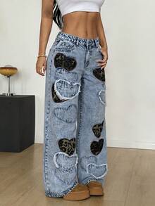 SHEIN PETITE Women's Heart Pattern Casual Jeans - Light Wash - View 4