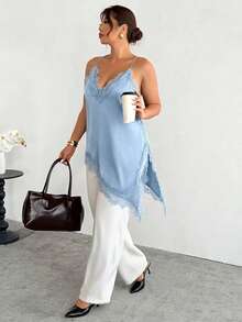 Firerie Plus Size Sexy Solid Color Lace Patchwork Asymmetric Hem Camisole, Summer Tops - Blue - View 7