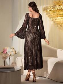 Modelyn French Square Collar Lace Rhinestone Embellished Fitted Long Sleeve Elegant Midi Dress For Women - Brown - View 5