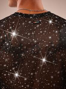 FeverCity Men's Mesh Sheer Glitter Round Neck Sexy T-Shirt - Black - View 6