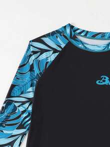 SHEIN 青少年（男童）泳装，时尚印花长袖防晒衣 - 黑色 - 查看 5