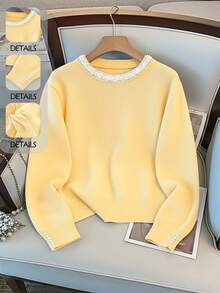 GlowEve CURVE Plus Size Elegant Pearl Crew Neck Long Sleeve Sweater - Light Yellow - View 3