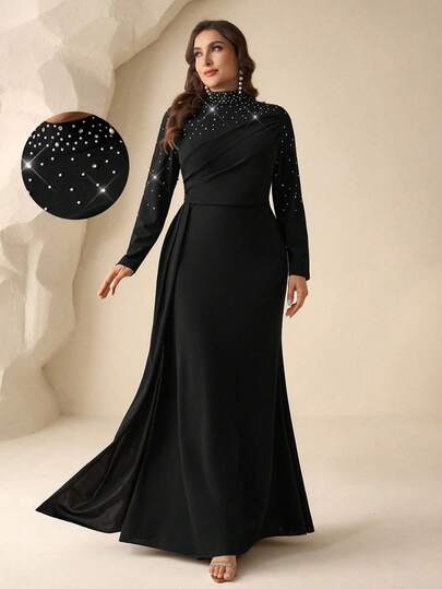 Coutiva Plus Size Women Rhinestone Decor Stand Collar Long Sleeve Ruched Fitted Formal Evening Gown Luxury Valentines Dress Elegant Dress Sequin Dress Dress Floral Dress Plus Size  Long Sleeve Elegant Dress Plus Size Evening Gown Black Abaya Plus Size Black Evening Dress Long Sleeve Black Dress Black Elegant Dress Long Black Gown Beaded Maxi Dress Plus Size Black Elegant Dress Black Evening Gown Black Elegant Dress Curve