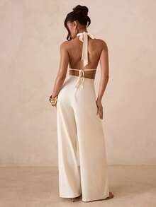 SHEIN Glamour Women's Elegant Floral Decor Draped Neck Solid Color Jumpsuit - Apricot - View 2