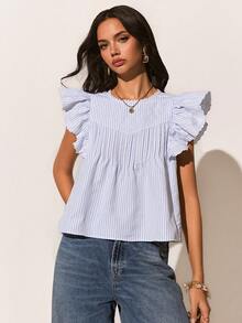 Poéselle 女士圆领短袖荷叶边褶皱条纹蕾丝边衬衫 - 藍色 - 查看 5